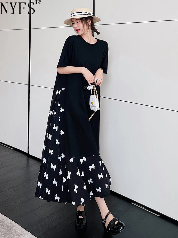 

NYFS 2024 Summer New Korea Woman Dress Vestidos Robe Elbise Loose Plus Size Short Sleeve Patchwork Print Hem Long Dresses