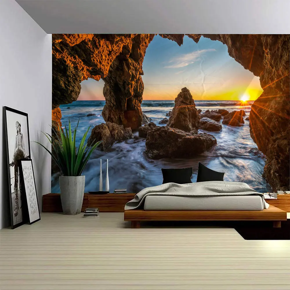 3D Printed Rock Cave Sunrise Tapestry Sea View Reef Wall Mural for Living Room Bedroom Foyer Multiple Sizes Available