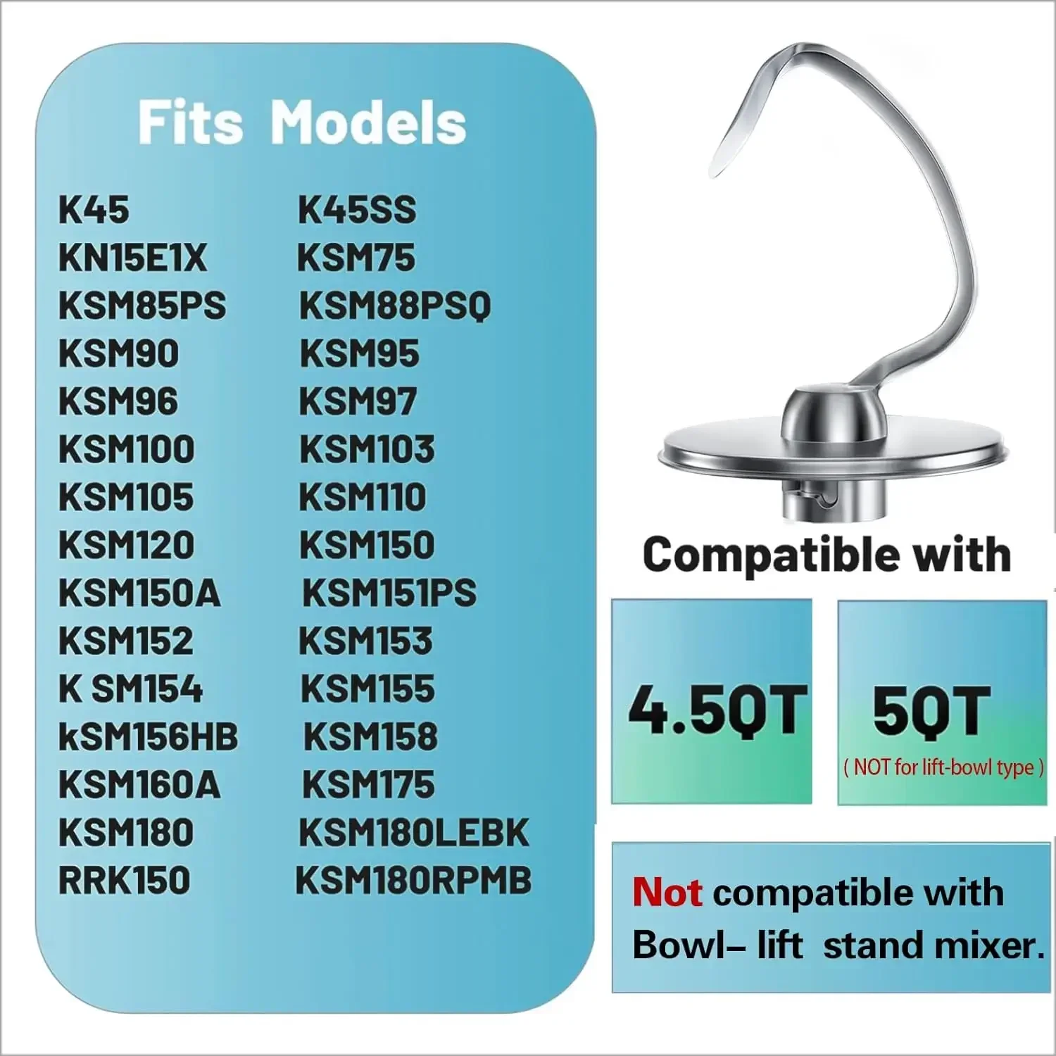 لخلاطات حامل كيتشن ايد 4.5-5QT خطاف عجين من الفولاذ المقاوم للصدأ ملحقات مناسبة برأس مائل بديلة مصقولة