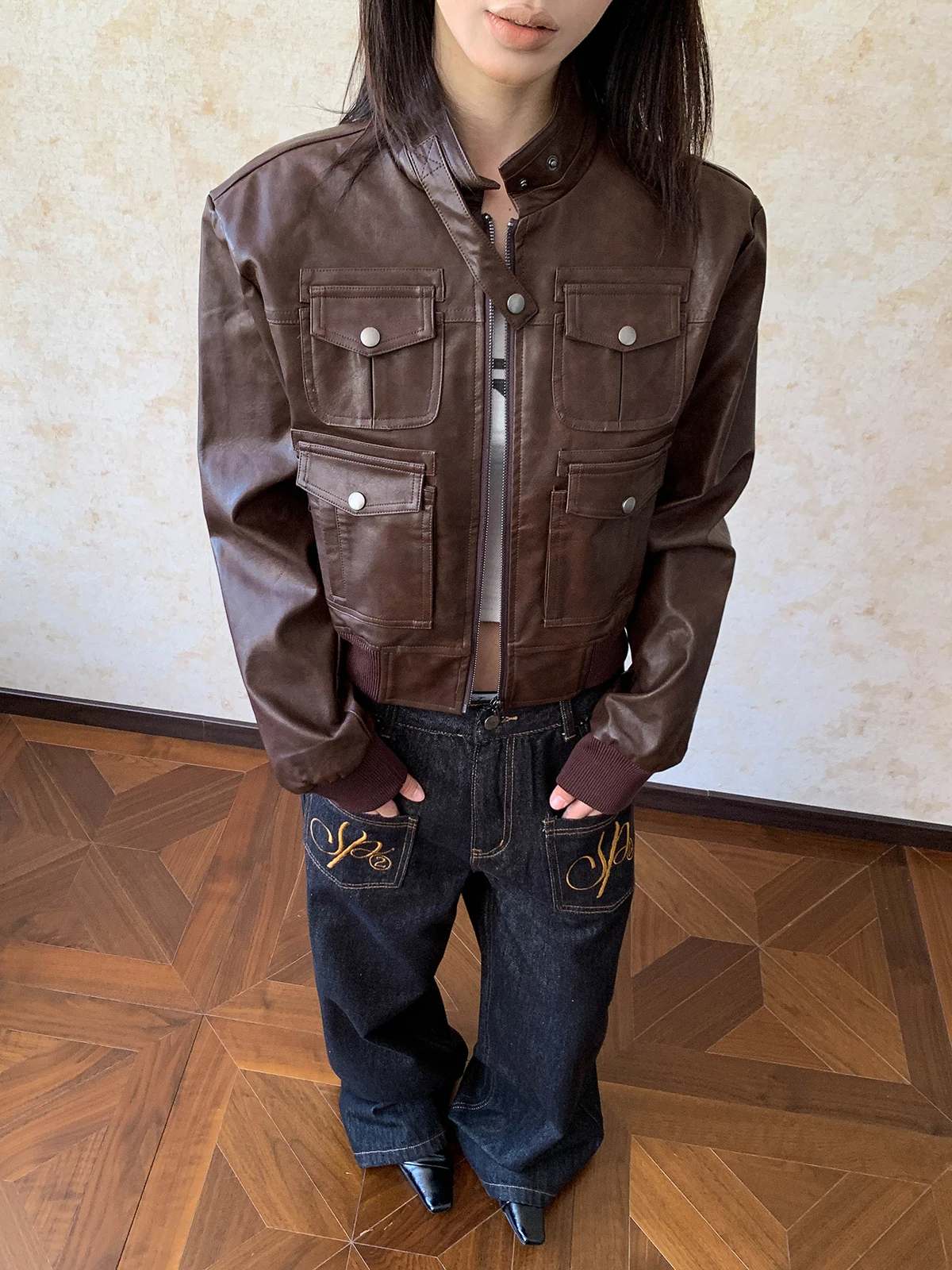 

Женская куртка Aket Rebel Girl из искусственной кожи с воротником-стойкой, приталенного кроя, в мотоциклетном стиле, верхняя одежда