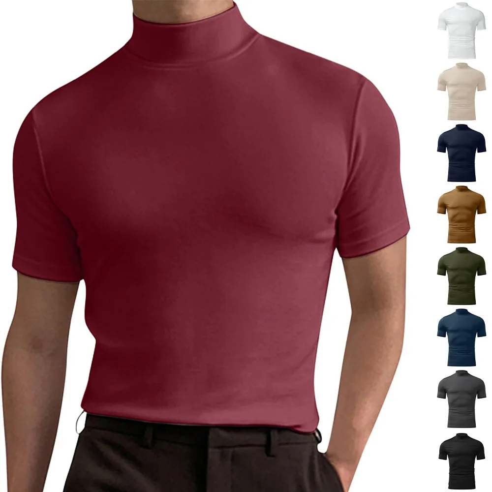 Men Slim T-shirts Summer Male Turtleneck Short Sleeve Short Sleeve Stretch Tee Tops LXDZ-112