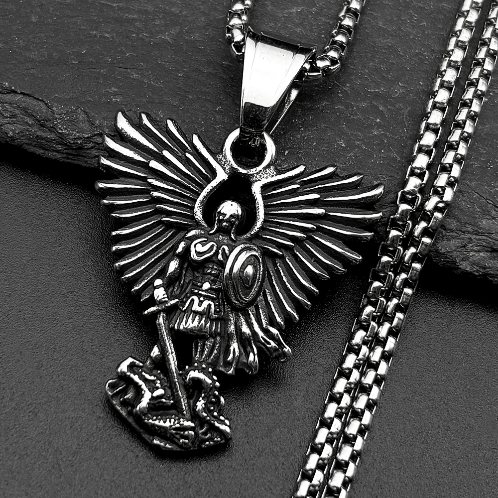 Archangel St.Michael Protect Us Pendant Necklace for Women Men Stainless Steel Silver Saint Michael Protection Chain Jewelry