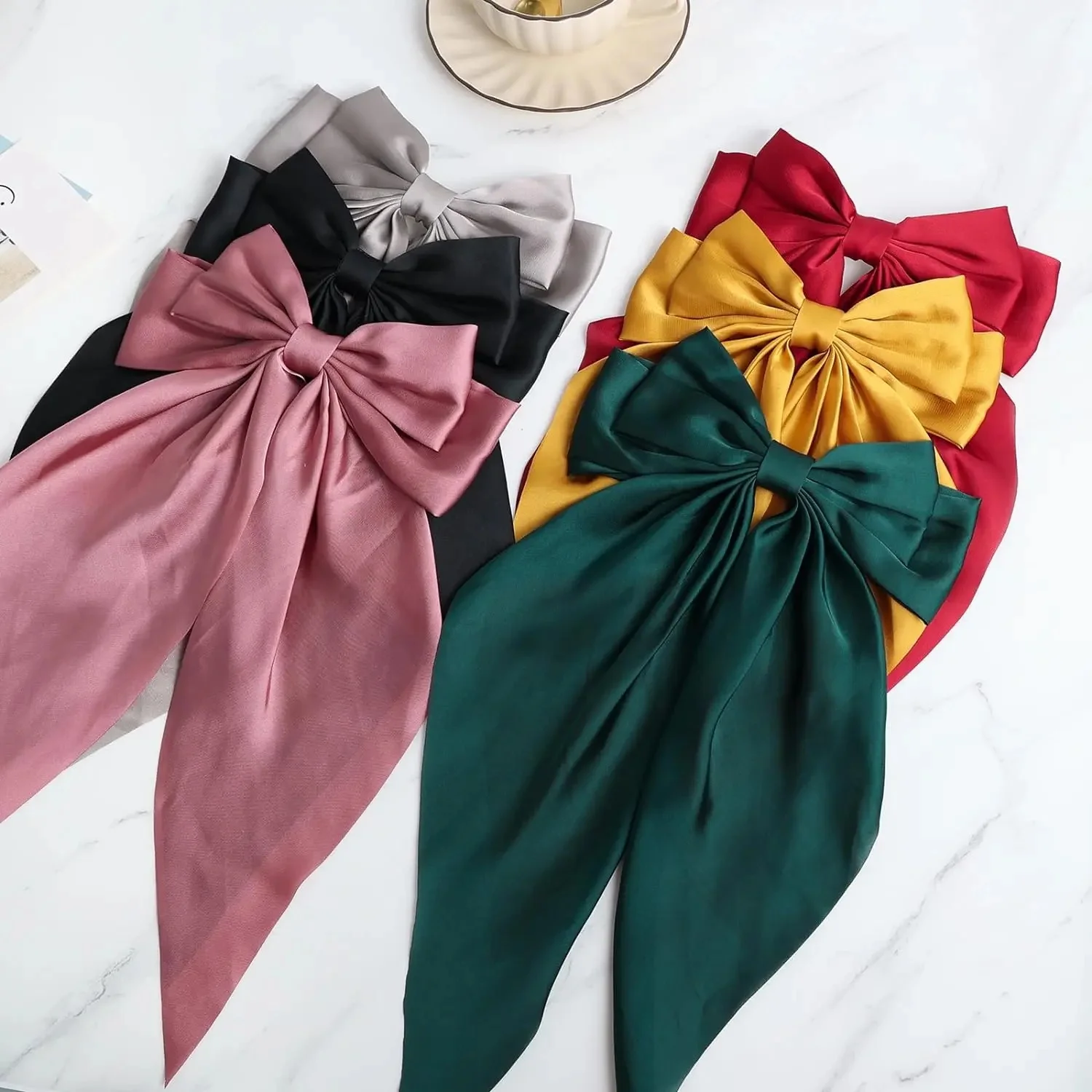 6PCS Large Elegant Ribbon Bow Hair Clip for Women Simple Solid Color Satin Ponytail Hairpins Bowknot Barrettes Hair Accessories