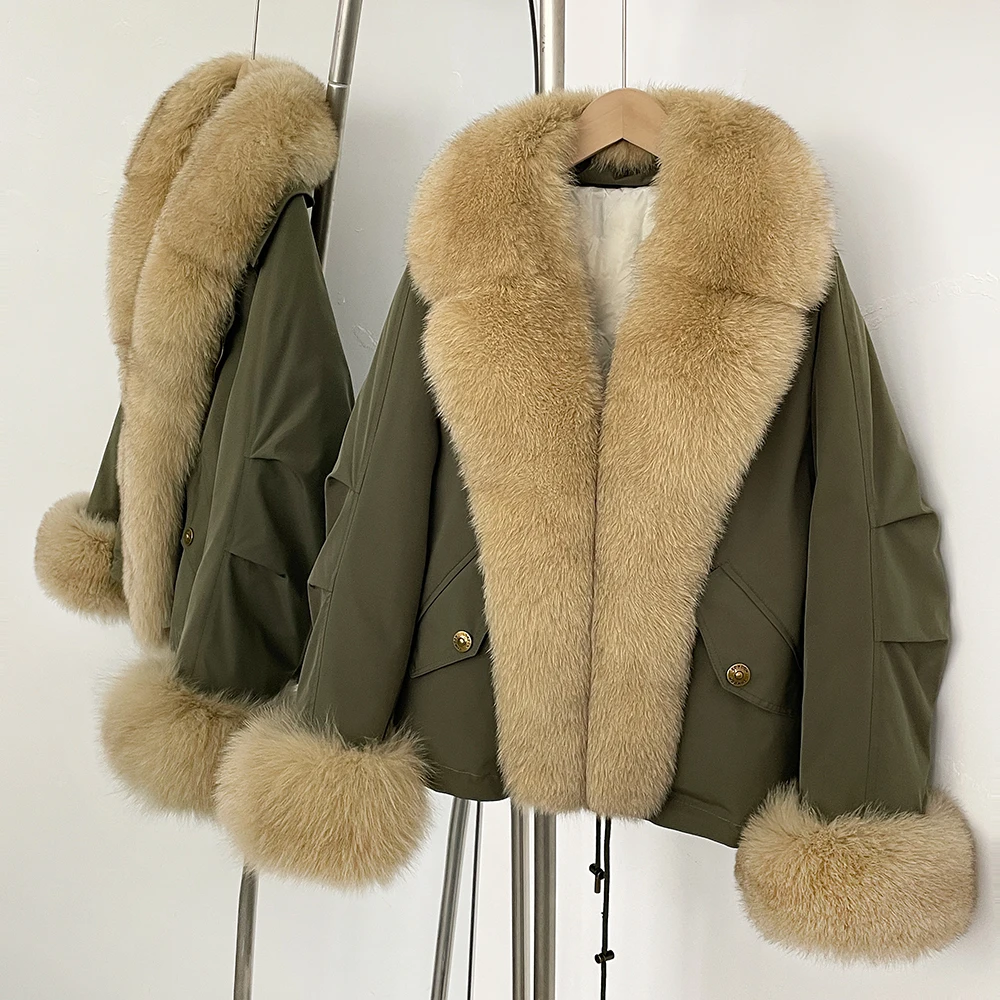 Real Fox Fur Down Jacket Collar Women 2025 Autumn Winter White Duck Down Coat Waterproof Warm Big Fur Cuffs Puffer Jacket Female