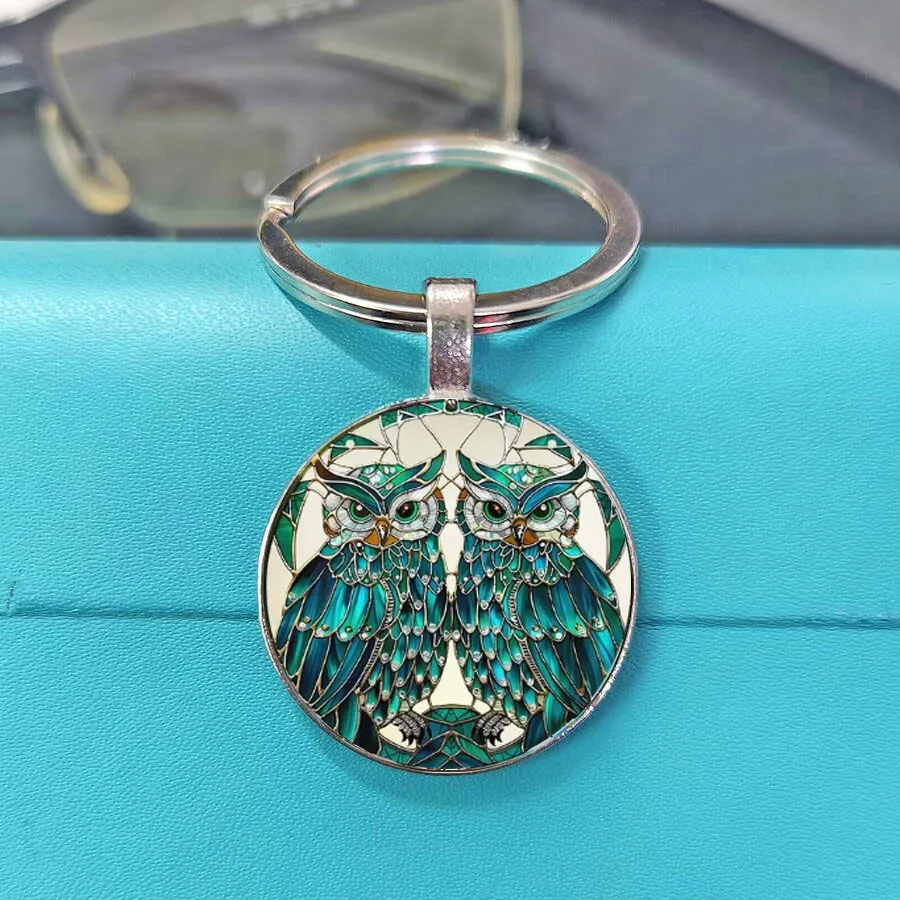 Vintage Mosaic Owl Pendant Key Holder Fashion Bag Charms Stained Glass Style  Accessory Keychain for Men Women view 2