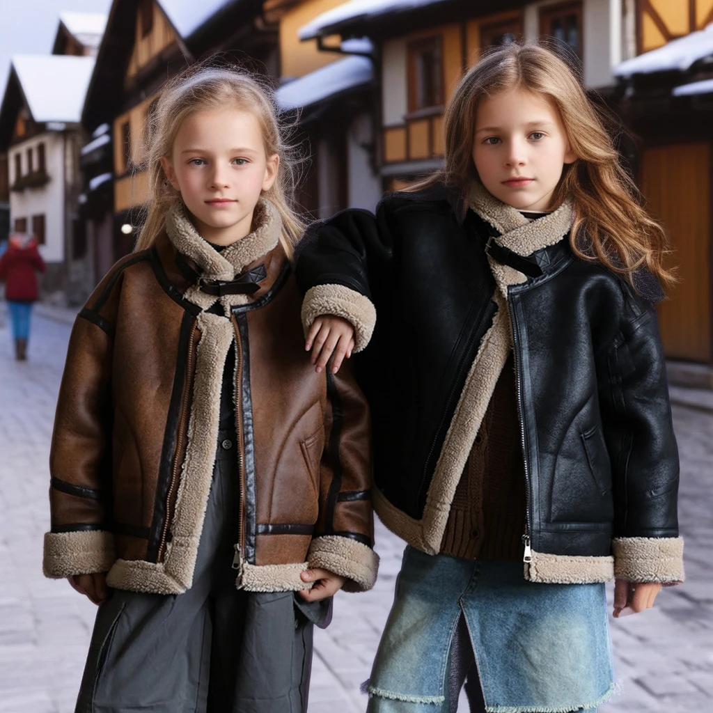 

2025 Winter Kids Suede Leather Jacket Boys Girls Faux Fur Coat Thick Warm Fleece Outerwear Teen Children Top Clothes 2-15 Years