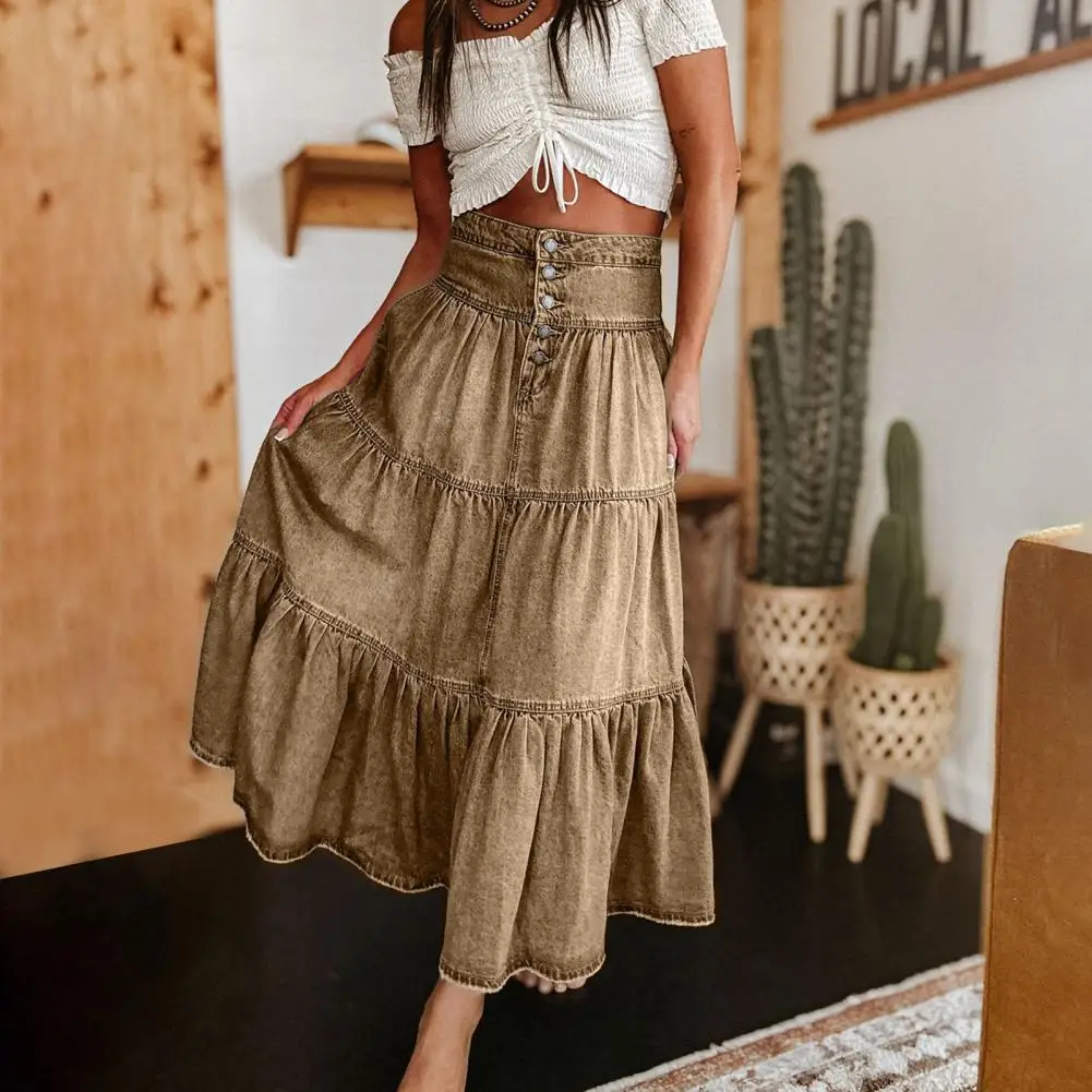 Denim Maxi Skirt Bohemia Style Women's Denim Skirt with High Waist Button Fly Multi-layer Ruffle Stitching Long Casual for A