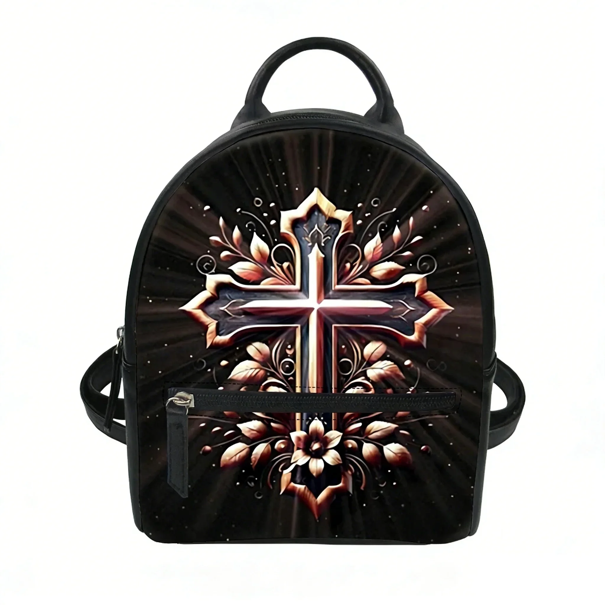 Floral Cross Catholic Custom Backpack Purse Women Carter Schoolbags Double Shoulder Bag Mini Daypack Leather Travel Bag