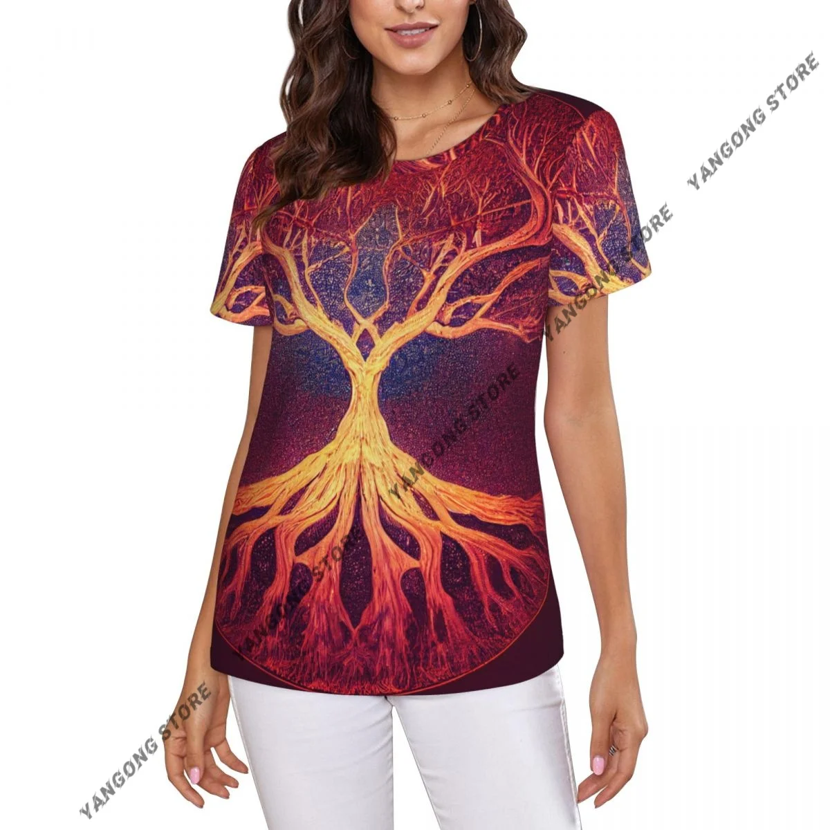 

Casual Summer Woman Skinny Fit T-shirt Tight Short-Sleeve O-neck Tee Basic Tree Of Life Yggdrasil T Shirt