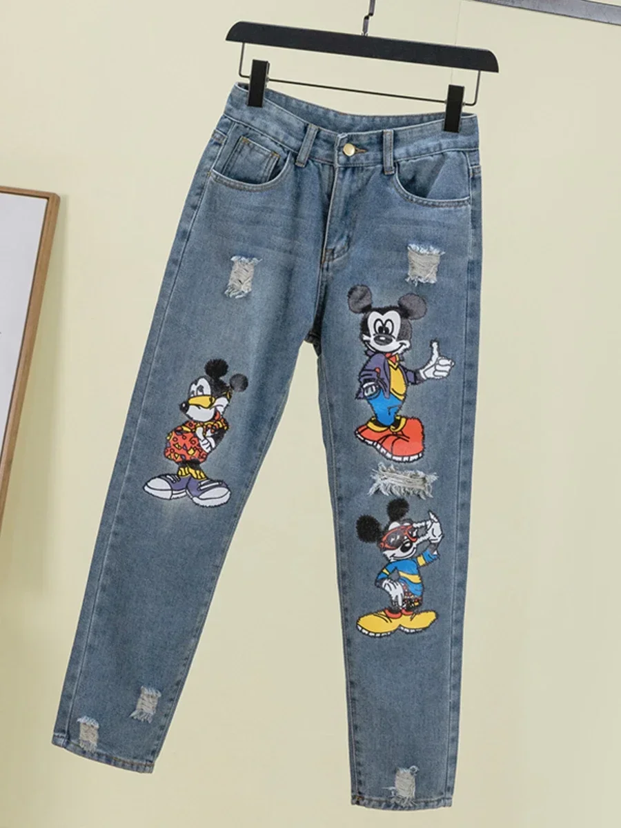 Cartoon Printed Jeans for female 2022 Spring and Autumn New Ripped High Waist Loose Cropped Harem Pants Blue Jeans for Women