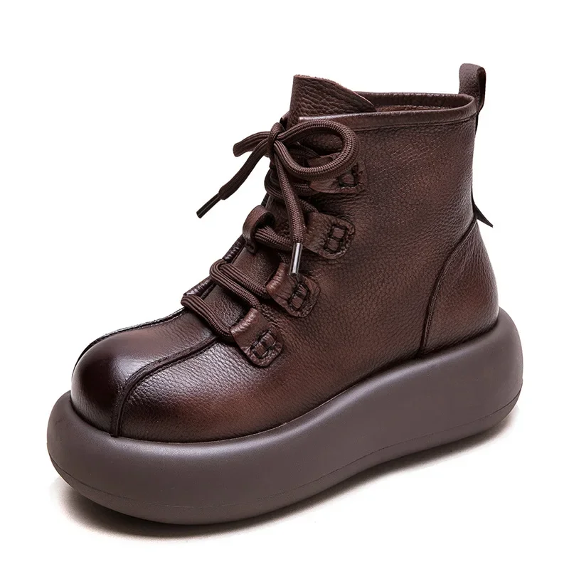 

5.5CM Handmade Retro Style Ankle Boots For Women Autumn Winter Genuine Leather Thick Bottom Wedges Heel Casual Short Boots