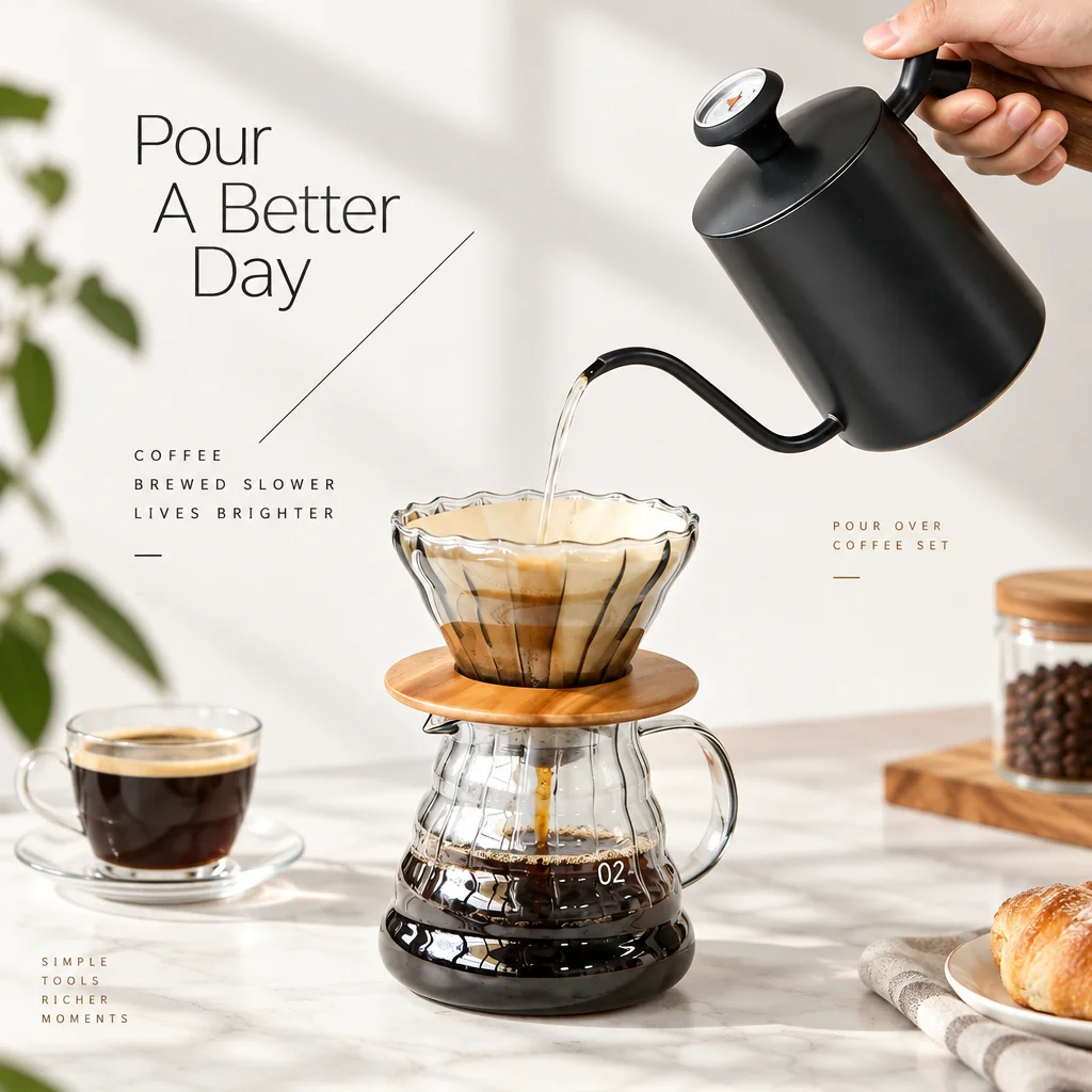 Portable Pour Over Coffee Maker Set, Gooseneck Kettle w/Thermometer, Glass Dripper & Server, for Outdoor, Office & Home