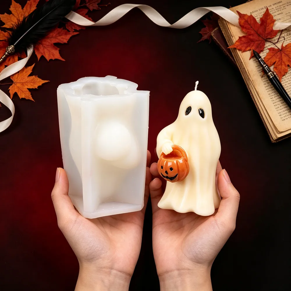 1 Stück Geister-Silikonkerzenform mit Kürbiskorb-Detail, DIY-Bastelset für Heimdekoration, Handgemachtes Geschenk, Halloween