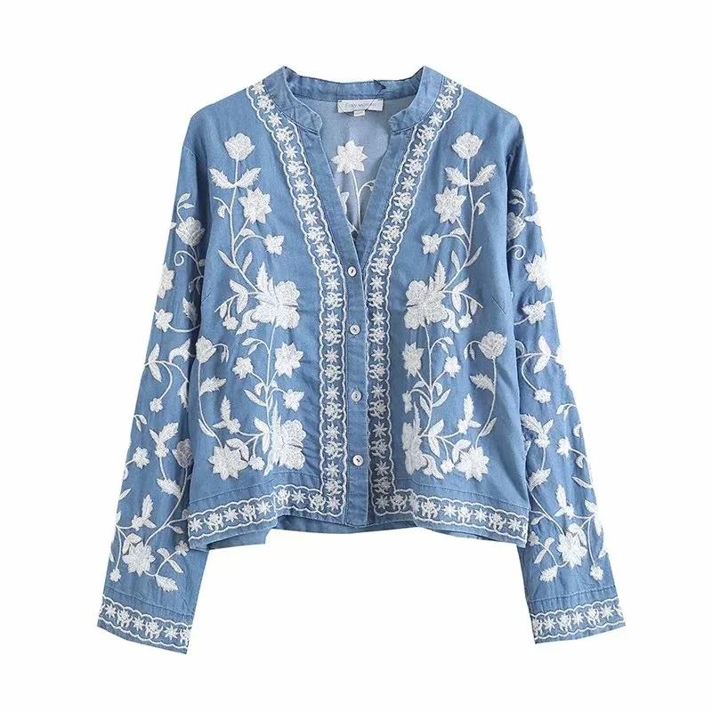 3/4 Sleeve Denim Shirt Women\'s Spring Summer Soft Jeans V Necks Floral Embroidery Blouses Thin Coat Tops New 2023 T35432M