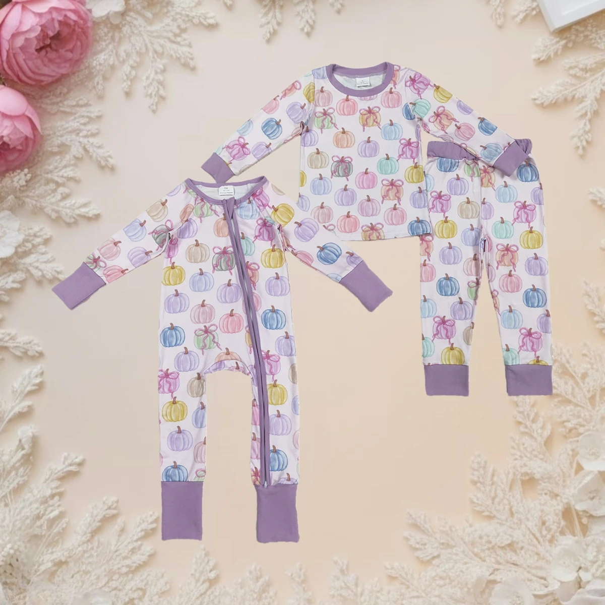 

Kids Sister Sibling Clothing Fall Pajams Sets Baby Girls Clothes Colorful Bows Pumpkins Boutique Infant Zipper Footie Rompers