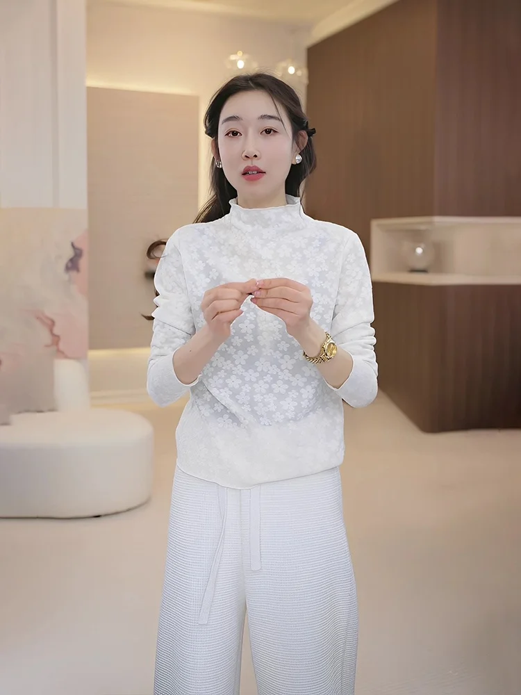 

Женская трикотажная кофта OUDOEE с высоким воротником и длинным рукавом, базовый слой, весна 2026, новый цветочный дизайн, внутренняя одежда, трикотаж