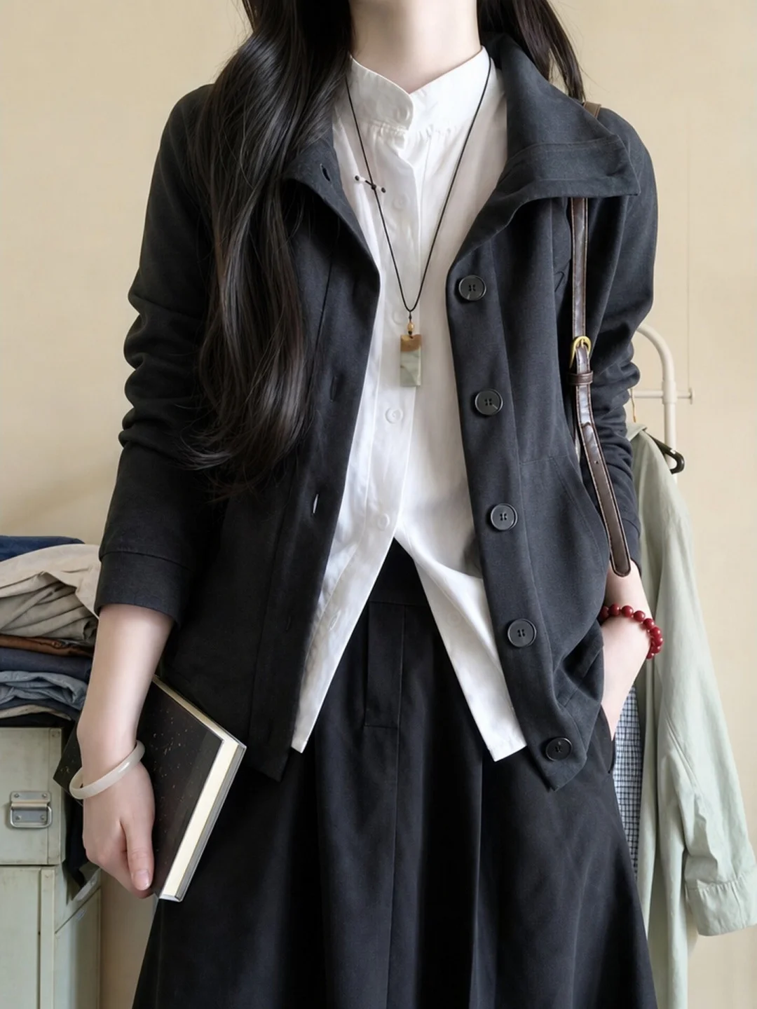 Deep Grey Button-Up Collar Jacket Women's Style 2026 New Fashion Unique Top Light Maturity Style Casual Loose Fit Long Sleeve