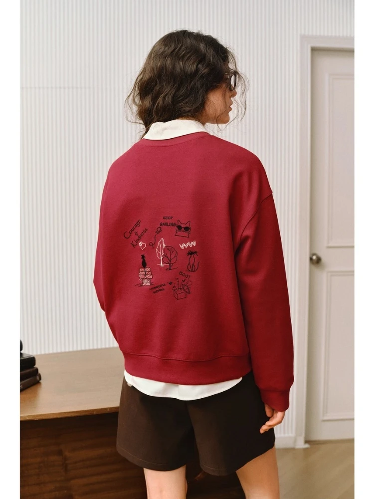 OLrain Women's Red Sweatshirts 2025 Autumn Casual Loose Shoulder Sleeves O-neck Sweater Embroidered Knit Pullovers O57QR001102
