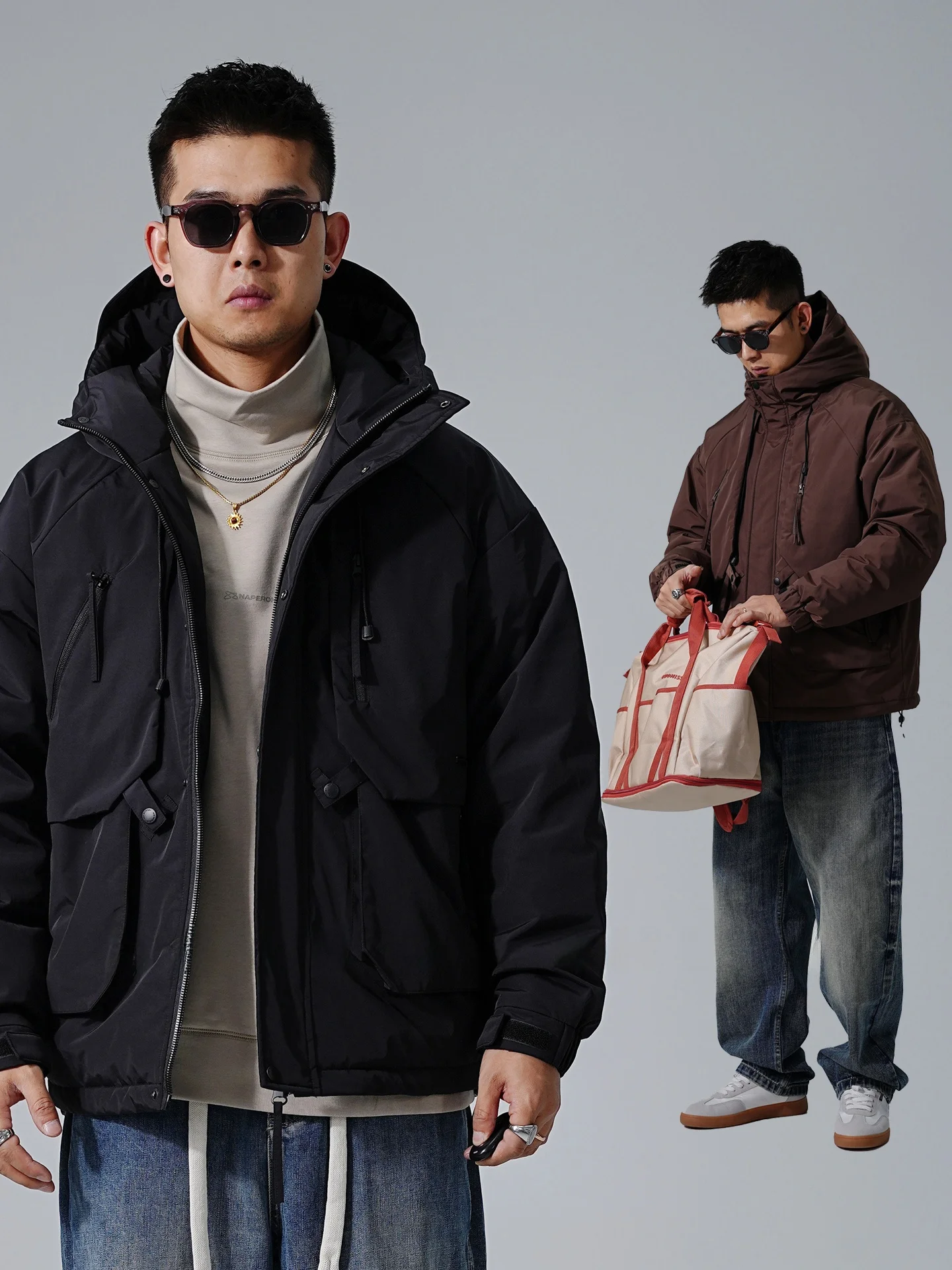 

Loose Fit Men's down Jaet Hooded Workwear Du down Outdoor Warm Coat Casual Sle Thiened Nylon Fabric Ci Leisure