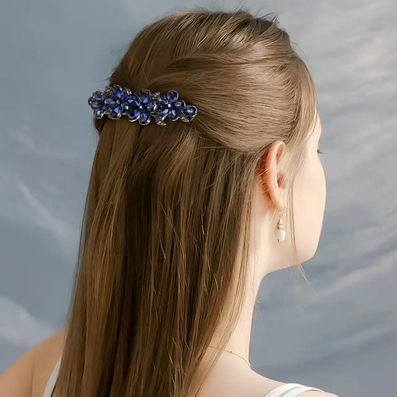Elegant Black Rhinestone Crystal Flower Spring Clip Hair Clip High-end Women's Back of Head Half-tied Hairpin Hair Accessories view 2
