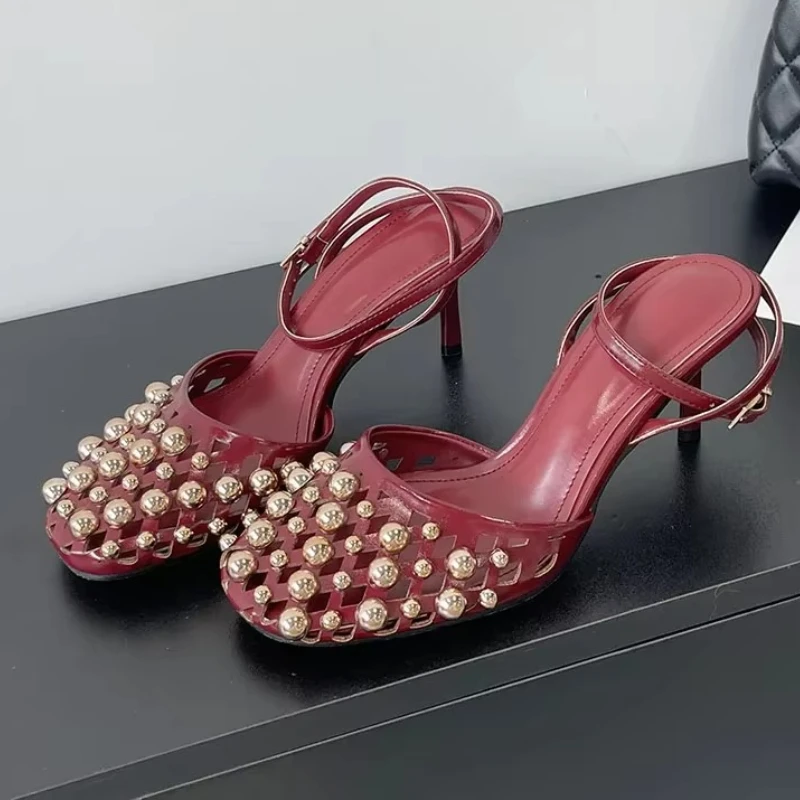 

Red Rivet Desiger High Heeled Sandals for Women Summer 2025 Hollow Ankle Strap Party Pumps Elegant Office Formal Heels Mule Shoe