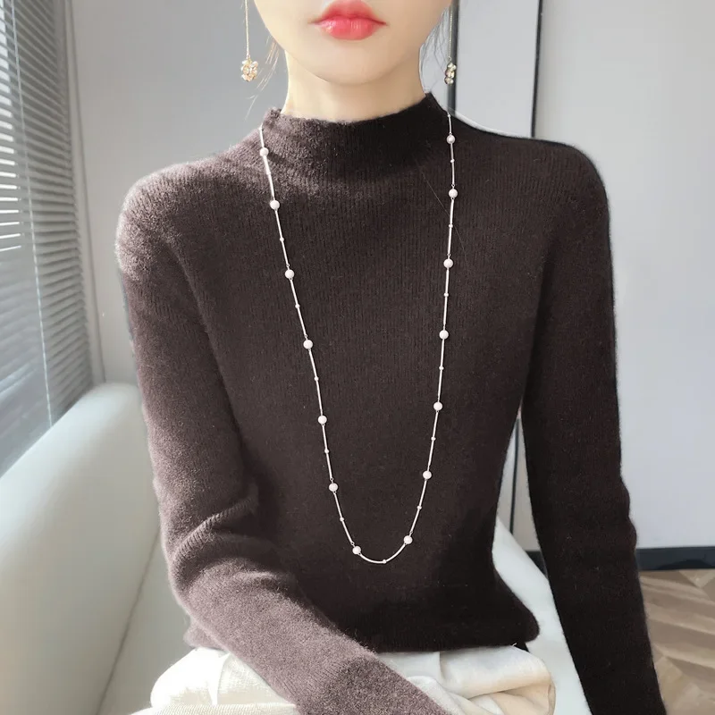 Fleece Inner Wear Top Full Length Pure Color Knitwear Women's Slim Fit Long Sleeve Knitted Base Shirt Half High Collar