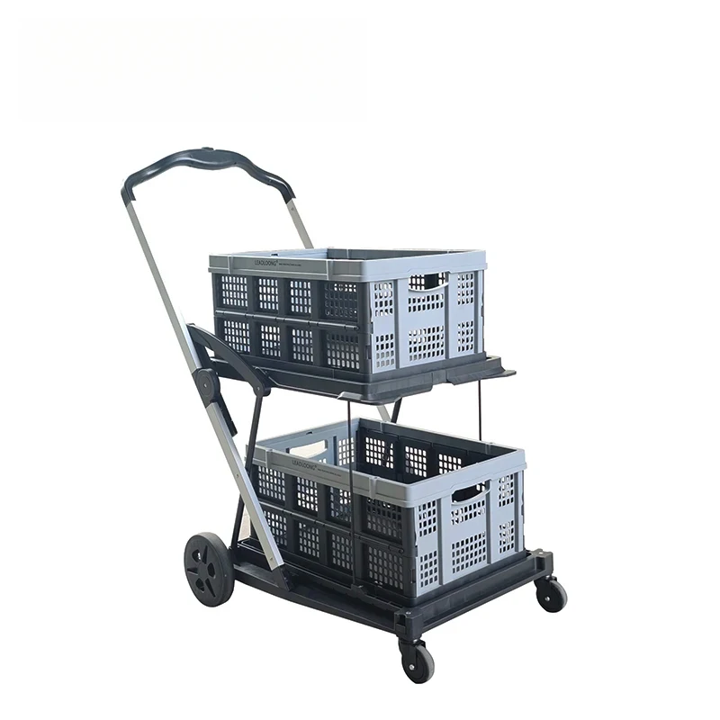 Two Tier Troller Multi Use Functional Collapsible Carts Mobile Folding Trolley Shopping Cart