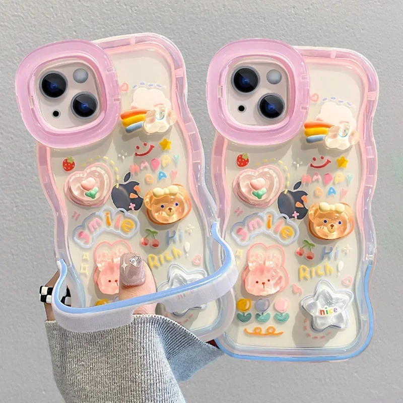 Funda con cadena de cuentas y soporte arcoíris 3D para iPhone 15 16 17 14 13 12 11 Pro Max Plus XS XR, con soporte y agarre 4
