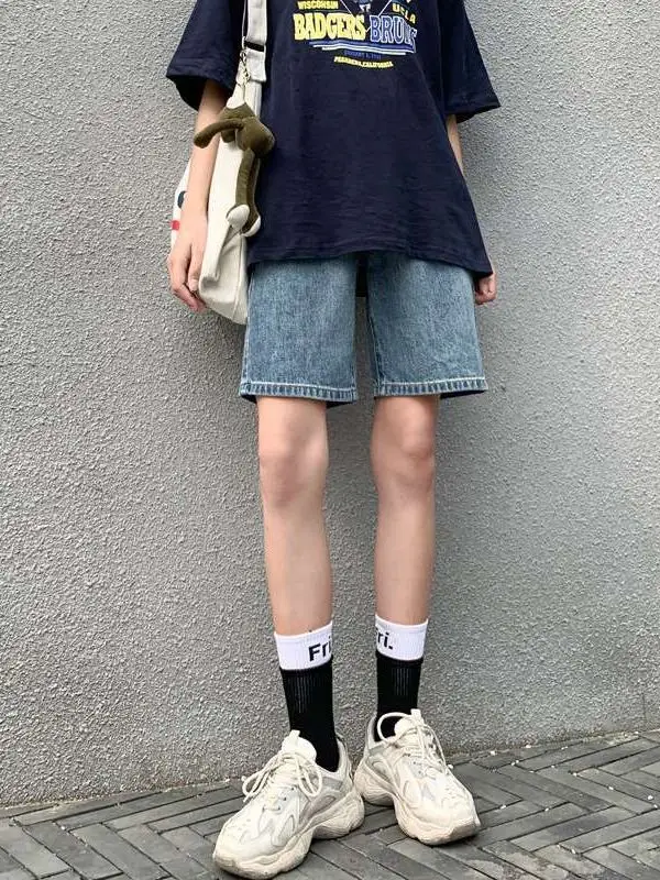 

High Waist Fivepoint Denim orts for Women Summer New Sle Cleanfit Straight Leg mid Stretch PU Fabric Ladies Jeans