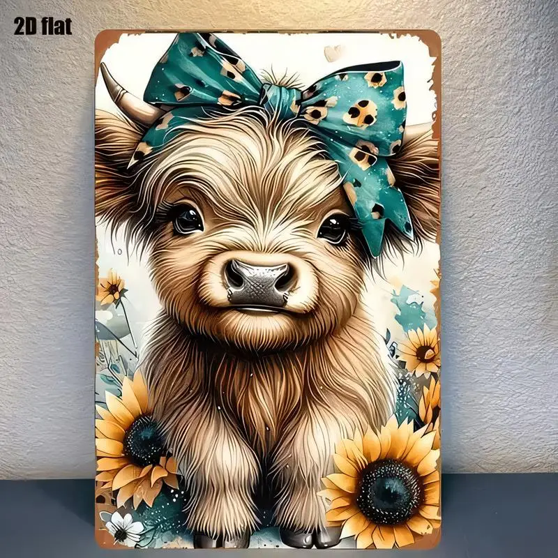 Adorable Highland Calf w/ Teal Leopard Bow & Sunflowers Vintage Metal Tin Sign - Iron Wall Art, Retro Farmhouse Decor for Home/C