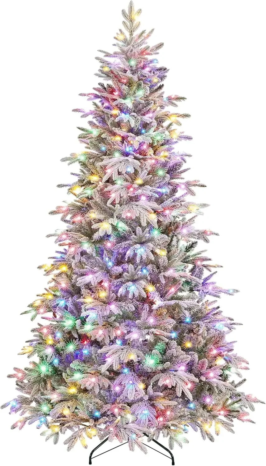 

6ft PreLit Snow Flocked Aspen Christmas Tree with 350 Multicolored LED Lights 1576 PE&PVC Branch Tips 9 Light Modes&Metal Stand