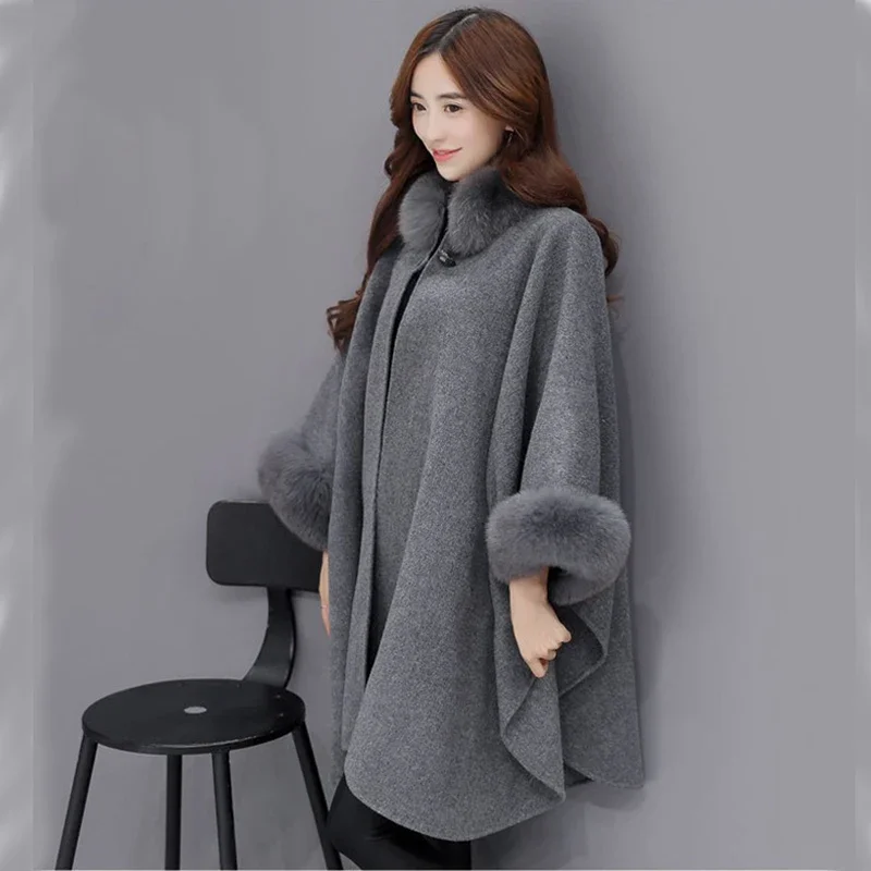 

Elegant Women Cloak Shawl Jacket High Quality Women Fox Fur Collar Long Wool Coat Plus Size Female Winter Outwear New Big sweety