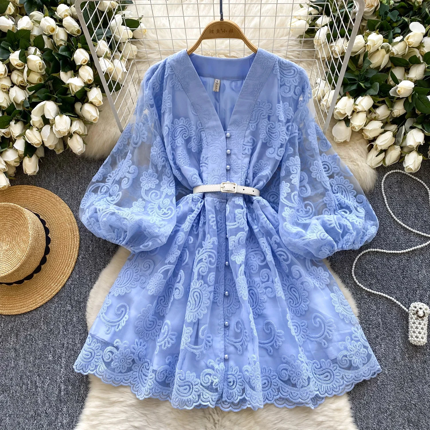 

French Sweet V Neck Lantern Sleeve Mini Dress Summer Women Embroidery Flower Mesh Patchwork Belt Casual Beach A-Line Party Robes