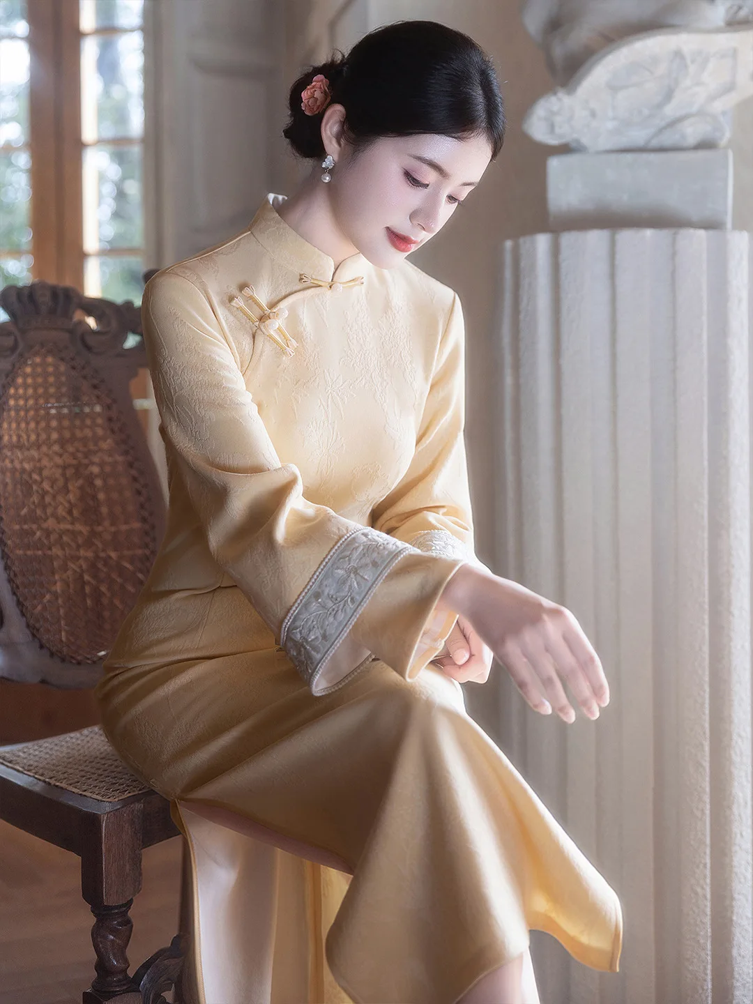 

Yellow Long Sleeve New Chinese Style Women's Dress Elegant Retro High-Quality Daily Wear Thickened Winter Fashion