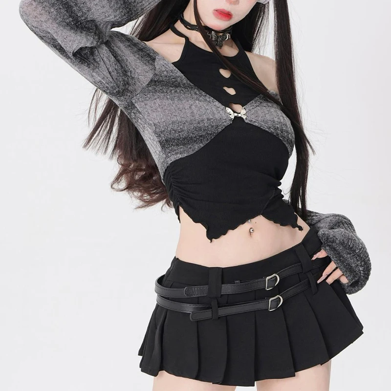 2024 Spring Autumn Two Pieces Skirt Set Women Y2k Crop Tops T-shirt + Short Skirt Japanese Kawaii Fashion Suits Chic New Korean