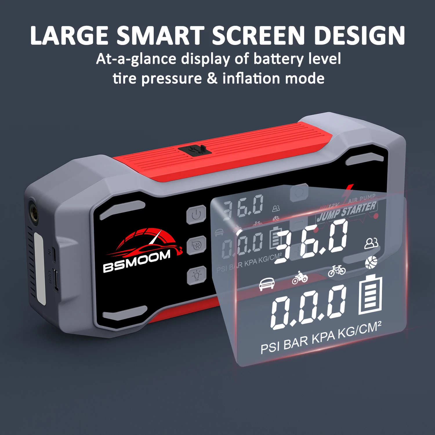 6-in-1 8000A Portable Emergency Jump Starter Features a 150PSI Air Compressor, a Barbecue Blower, and Can Also Charge Mobile Phones and Tablets.