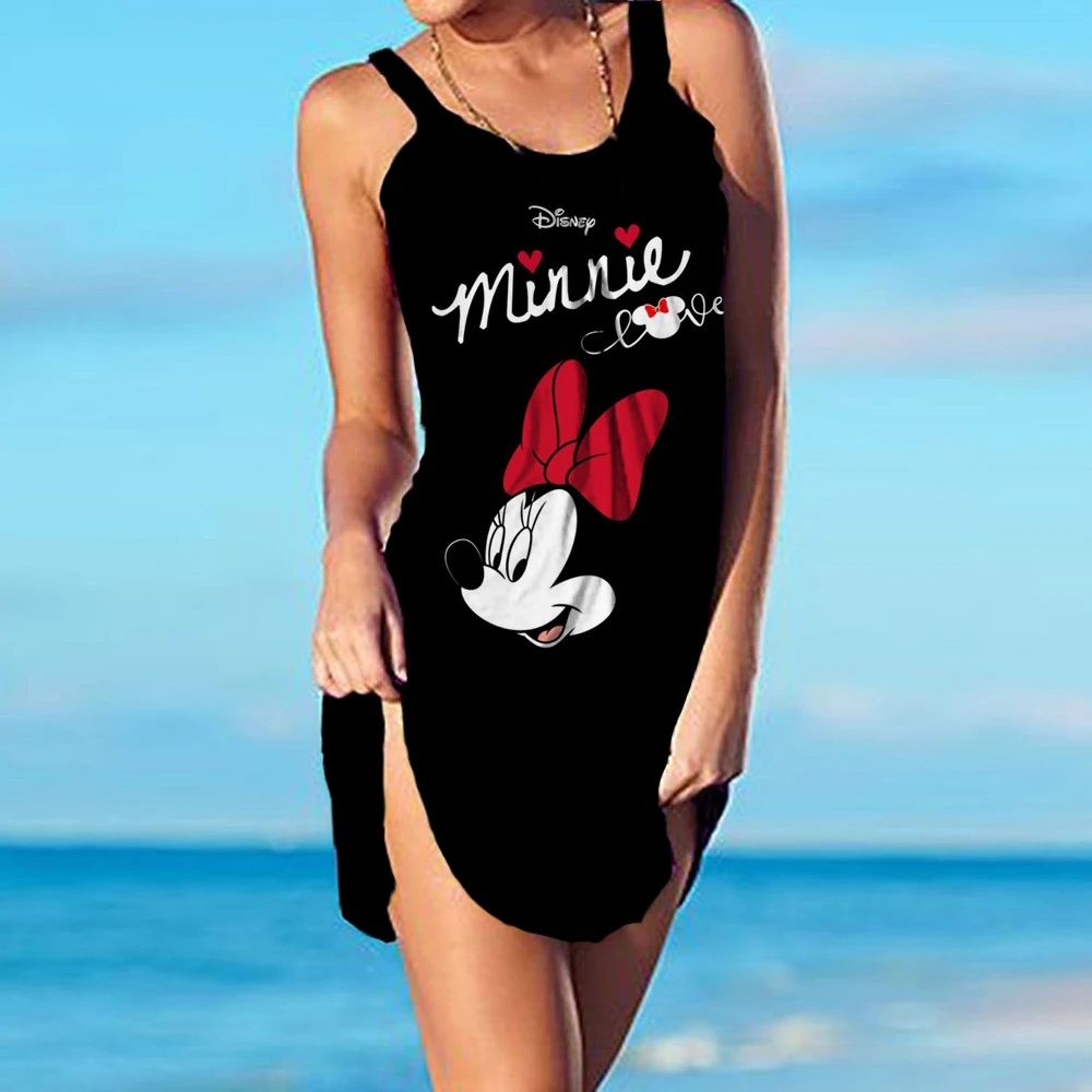 

2024 New Sexy Mickey Mouse Mini Beach Dress Women Spaghetti Strap Stitching Dresses Female Elegant Evening Party Club Dress