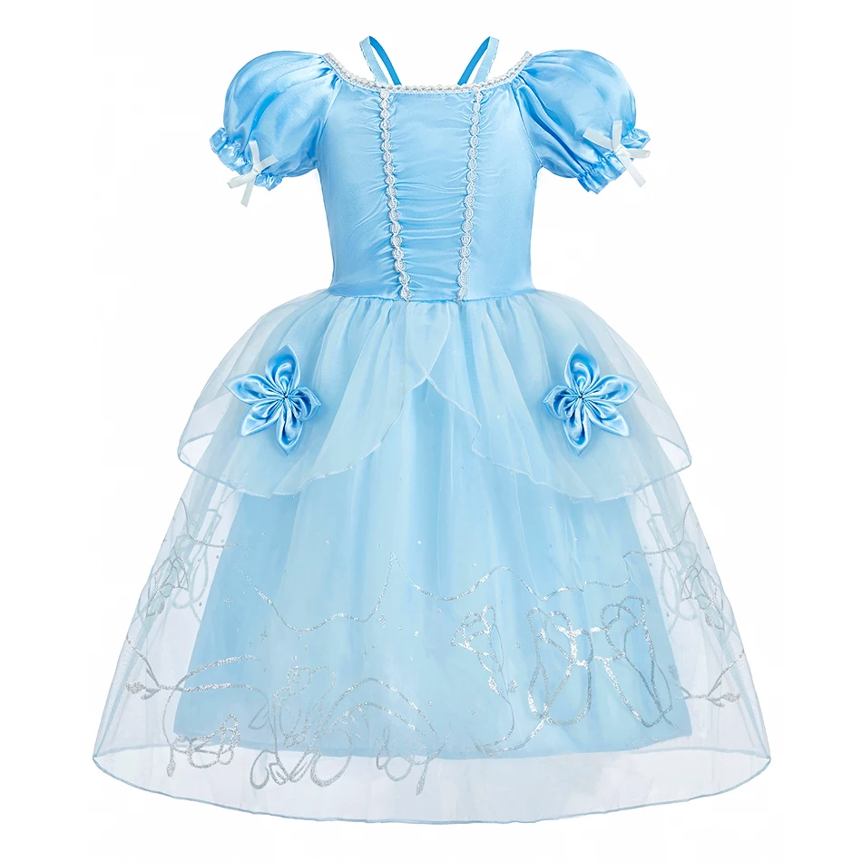 Kids Cinderella Cosplay Dress Princess Solid Color Flower Sequined Decorations Suitable Festival Celebration Performance Clothes