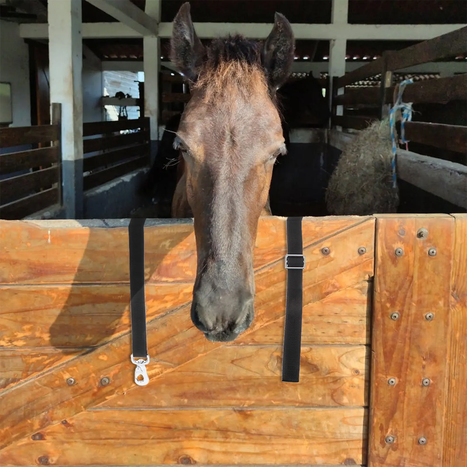 2 قطعة حزام دلو الحصان الثابت القابل للتعديل حبل نايلون أسود متين ومستقر معلق شبكة القش سهلة الاستخدام مشبك معدني #1