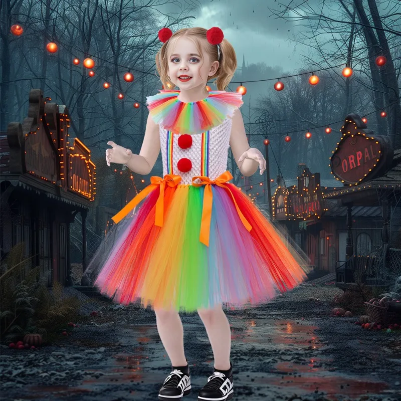 

2024 Halloween Anime Color Joker Tutu Dress For Girls Carnival Clown Cosplay Lolita Kawaii Creepy Child Party Scary Clothes Kids