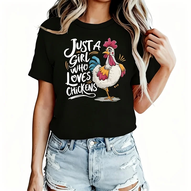 Cute Chicken Graphic Women's T-Shirt 100% Cotton Funny Graphic Short Sleeve Tee Novelty Shirt Casual Crew Neck Top S-5Xl