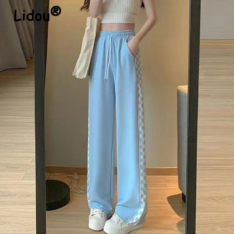 Checkerboard Print Patchwork Y2K Streetwear Straight Wide Leg Trousers Summer Korean Fashion Loose Casual Harajuku Pants Clothes