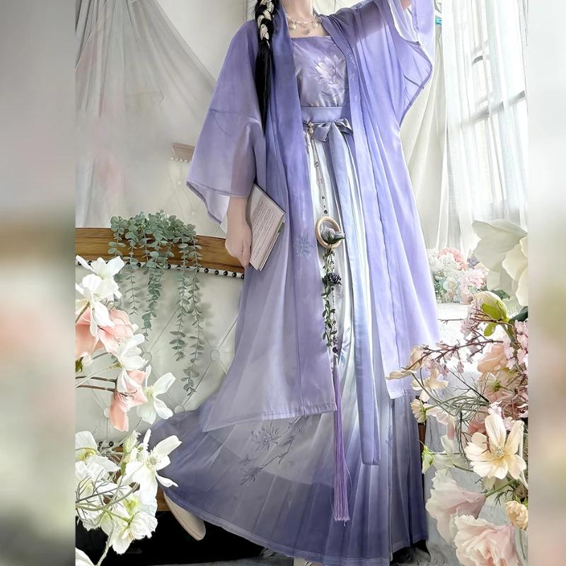 Chinese Hanfu Dress Women Elegant Halloween Cosplay Costume Modern Improved Ancient Purple Print 3pcs Sets Plus Size Retro Suit