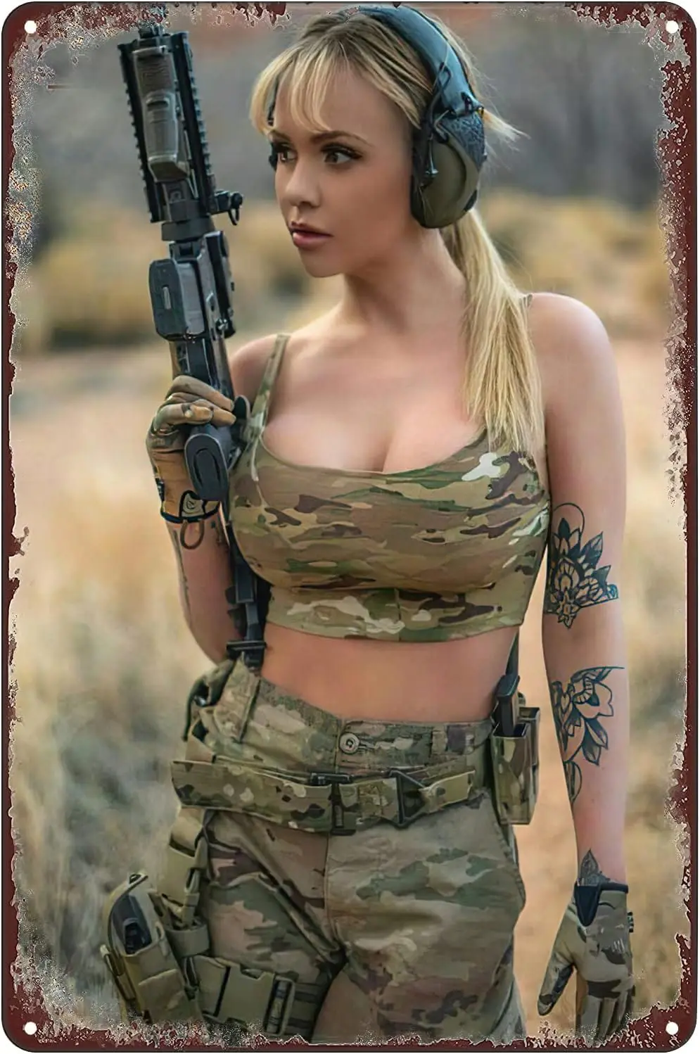 Metal Signs - Military Sexy Women with Guns Poster Pinup Girl Army Tin Sign Wall Art Decor Plaque for Home Bar Pub Club Bathroom
