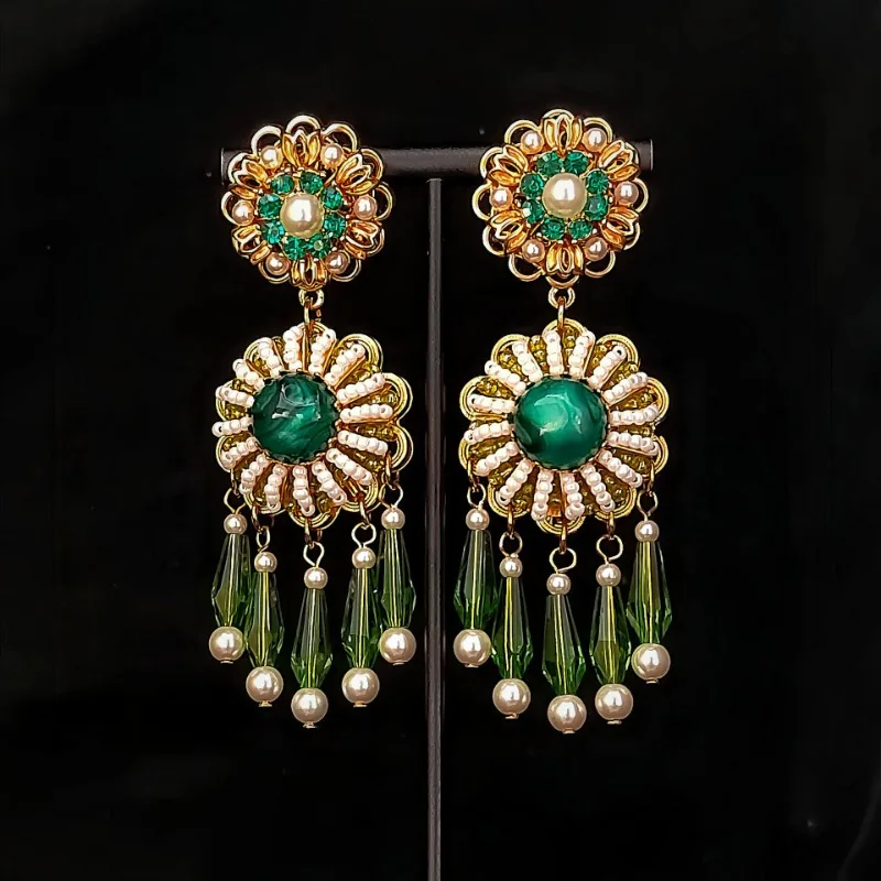 

Light Luxury Heavy Industry Tassel Bead Earrings for Women New Chinese Style Cool and Ancient Style Exaggerated Long Ear Clips