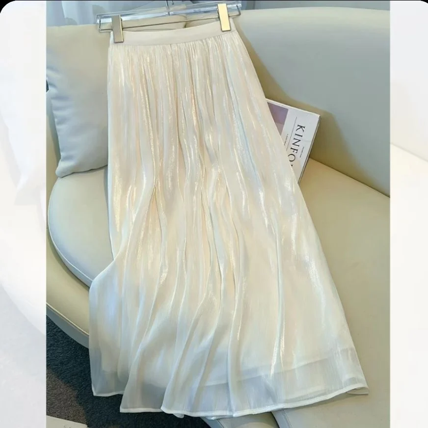 

Белая блестящая шифоновая полуюбка женская, весна-лето 2026, новая модель, плиссированная юбка-солнце А-силуэта, элегантная, женственная, модная