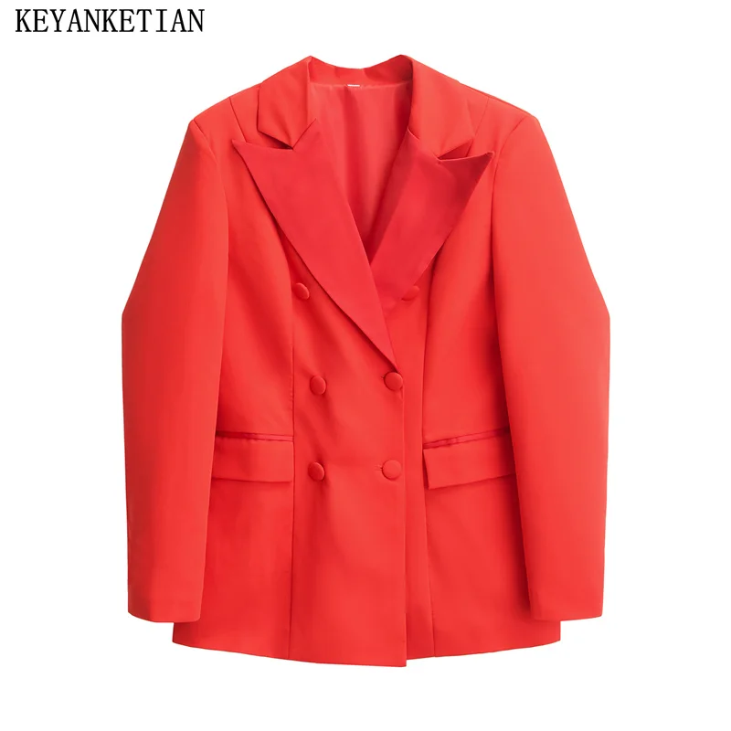 

KEYANKETIAN 2024 New Launch Women's Double Breasted Red Short Suit Spring Flap Pockets Office Lady Blazer Outerwear Crop Top