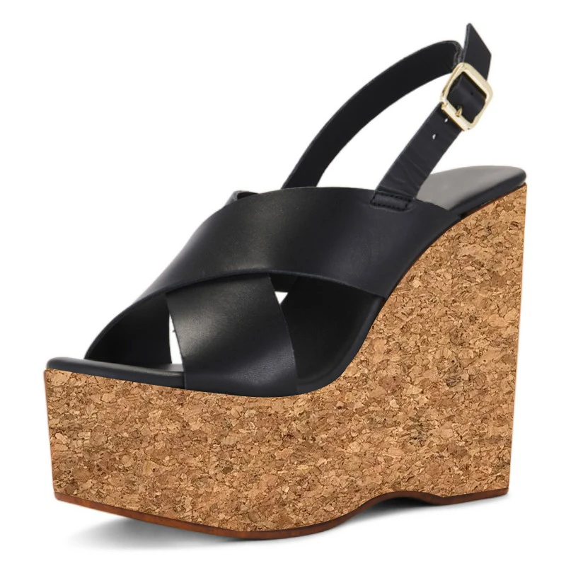 

SHOFOO Fashionable women's high-heeled sandals. Black matte leather sandals. About 15cm heel height. Slope sandals. Summer shoes