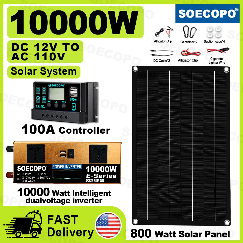

(U.S Stock) SOECOPO 10000W Solar System Kit: Dual Inverter DC 12V/24V To AC 110V 100A Controller 800W Panel for Home Camping