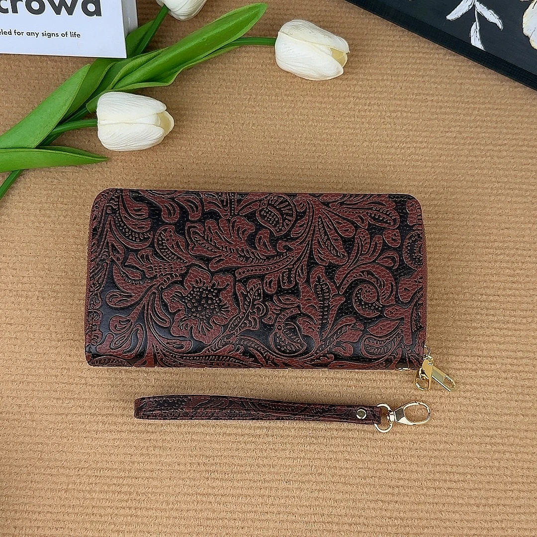 New Women\'s Long Wallet Elegant Retro Embossed Handbag Ethnic Style Large Capacity Double Zipper Multi Compartment Phone Bag